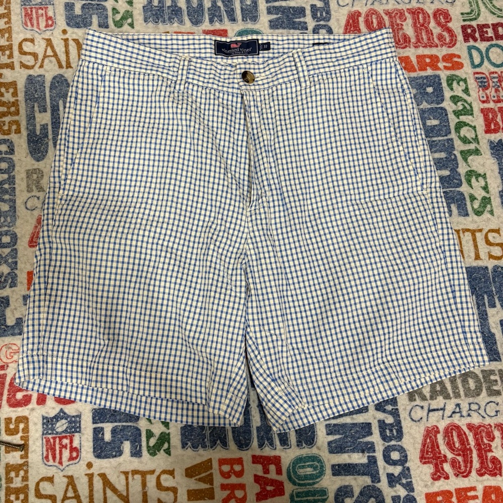 Vineyard Vines Men's Blue and White Checkered Breaker Shorts